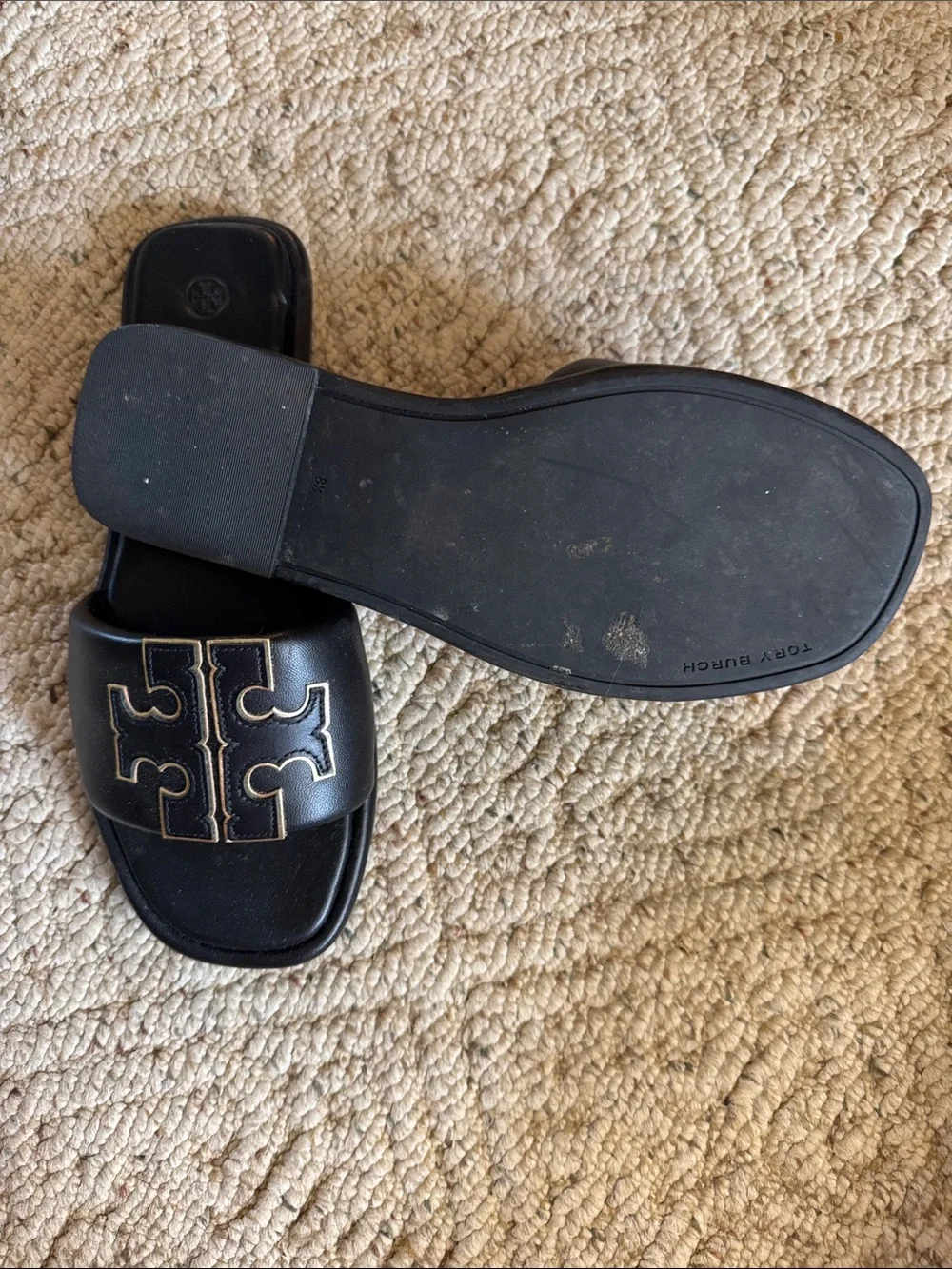 Tory Burch Black Leather Logo Slide Sandals with Gold Trim